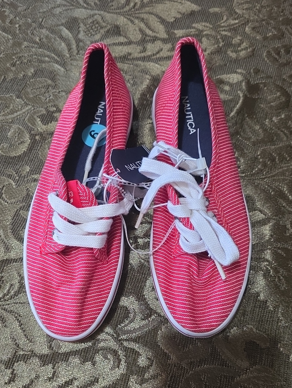 Nautica Women's Red Striped Canvas Lace-Up Sneakers with White Laces